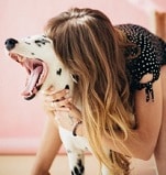 A dog has its mouth open as it is being hugged by a woman.
