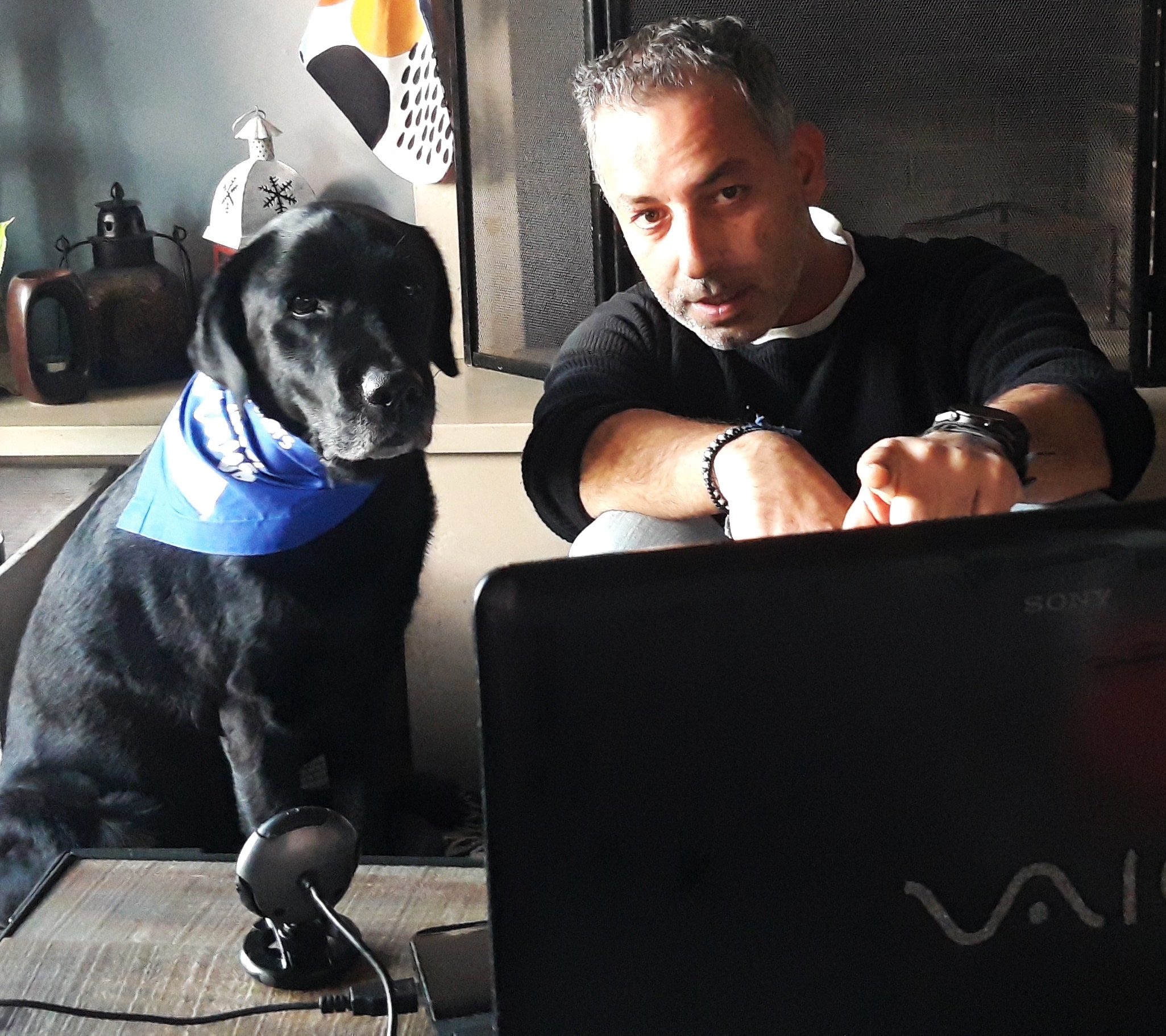 A black lab therapy dog and his handler in front of a laptop and webcam for a virtual visit