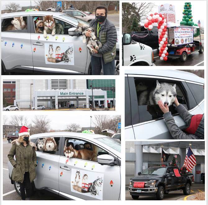 A collage of vehicles with dogs and holiday decorations holding a parade