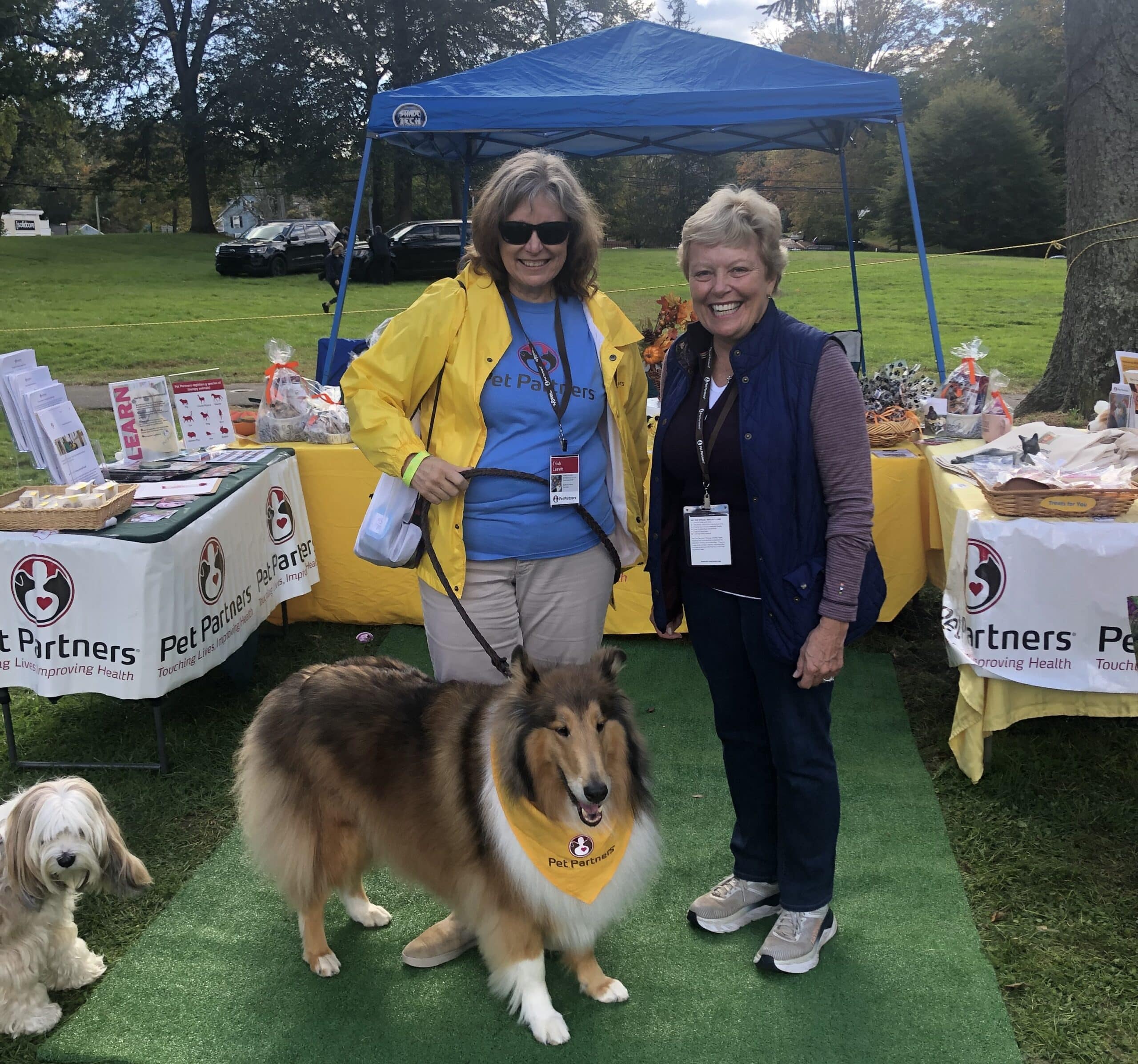 A therapy dog handler with her rough collie therapy dog and another Pet Partners volunteer post in front of the Pet Partners booth at the Westport Dog Festival.