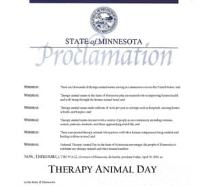 2021 National Therapy Animal Day proclamation from the state of Minnesota