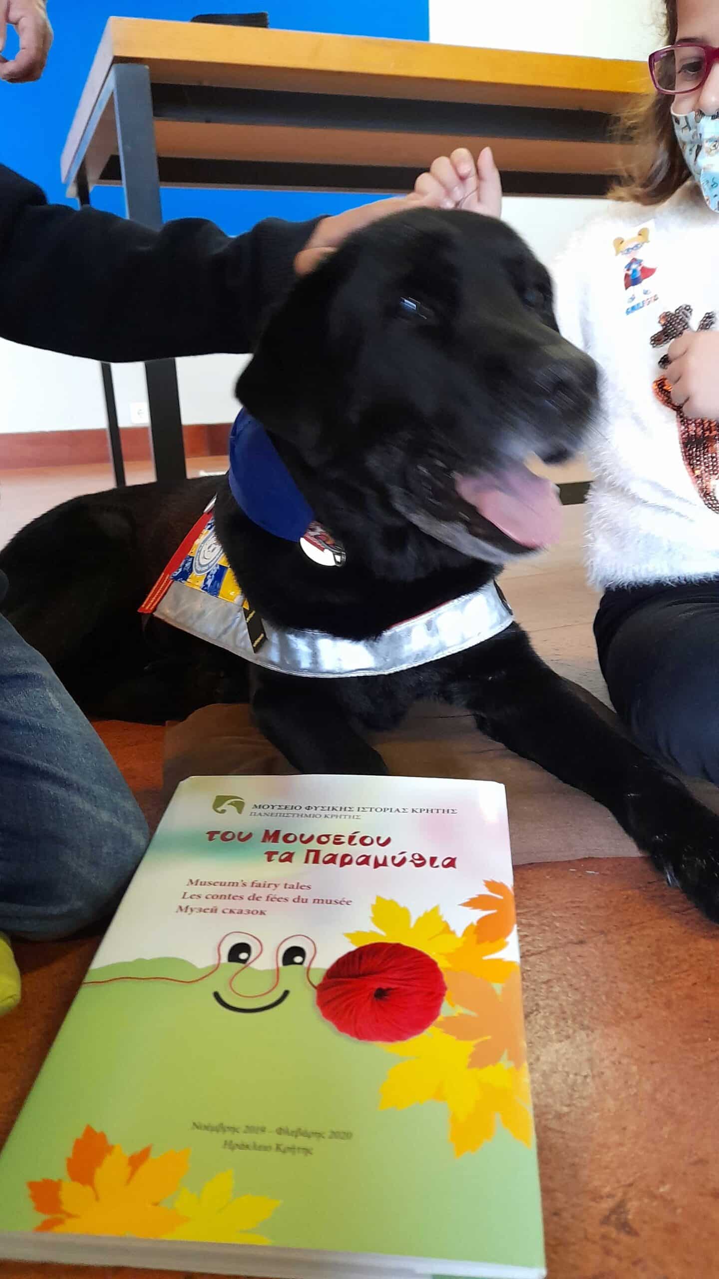 A black Labrador retriever therapy dog lies on the floor between two children, with a book in Greek in front of him.