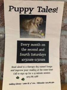 A flyer for Puppy Tales! at the Ledding Library.