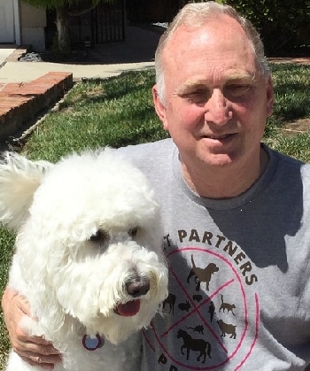 A white goldendoodle therapy dog with her male handler, who is wearing a Pet Partners shirt.