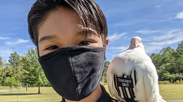 A masked therapy bird handler and his therapy pigeon, wearing a Therapy Bird vest, pose for a photo.