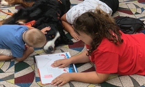Three children lie on the floor with a Bernese mountain dog therapy dog. One child reads from a book while the other two pet the therapy dog.