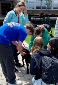A group of students interact with a black Lab therapy dog while the handler supervises.