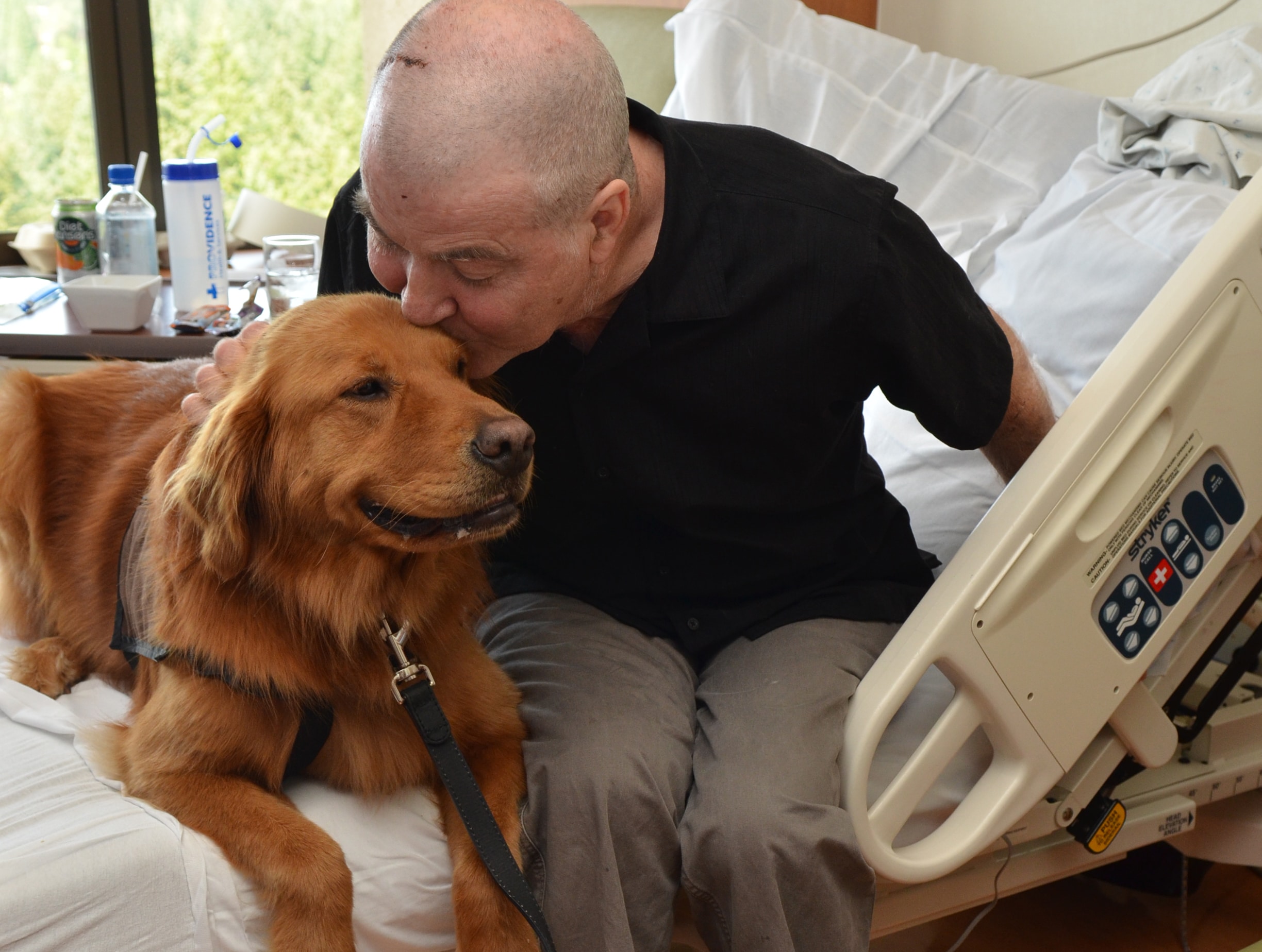 Hospital patient kisses Pet Partners therapy dog on the head.