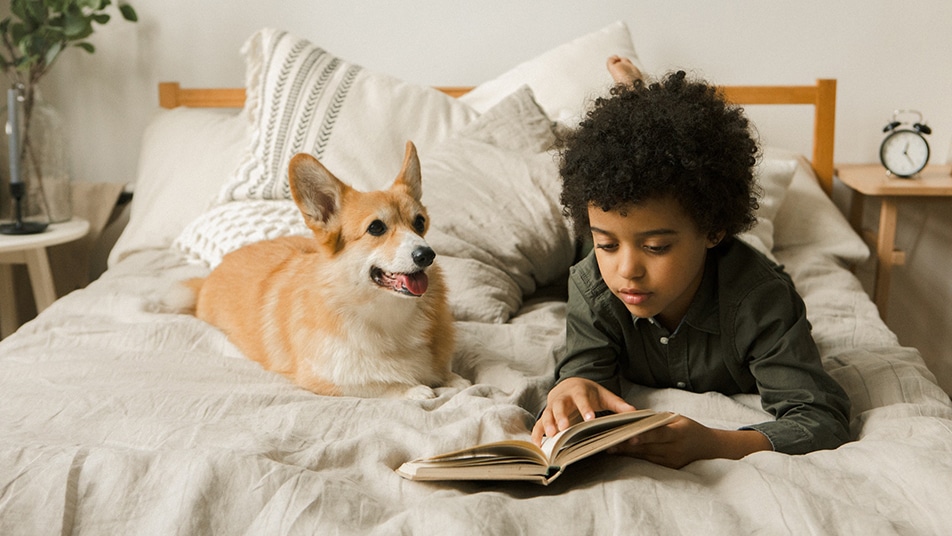 Young child reading to a dog while laying on a bed.