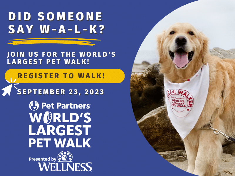 Did someone say W-A-L-K? Join us for the World's Largest Pet Walk! Register to walk September 23, 2023: Pet Partners World's Largest Pet Walk presented by Wellness Pet Company