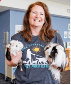 A therapy animal handler holds her therapy guinea pigs.