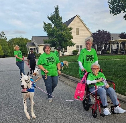 Participants in the 2023 World's Largest Pet Walk walk with their pets.