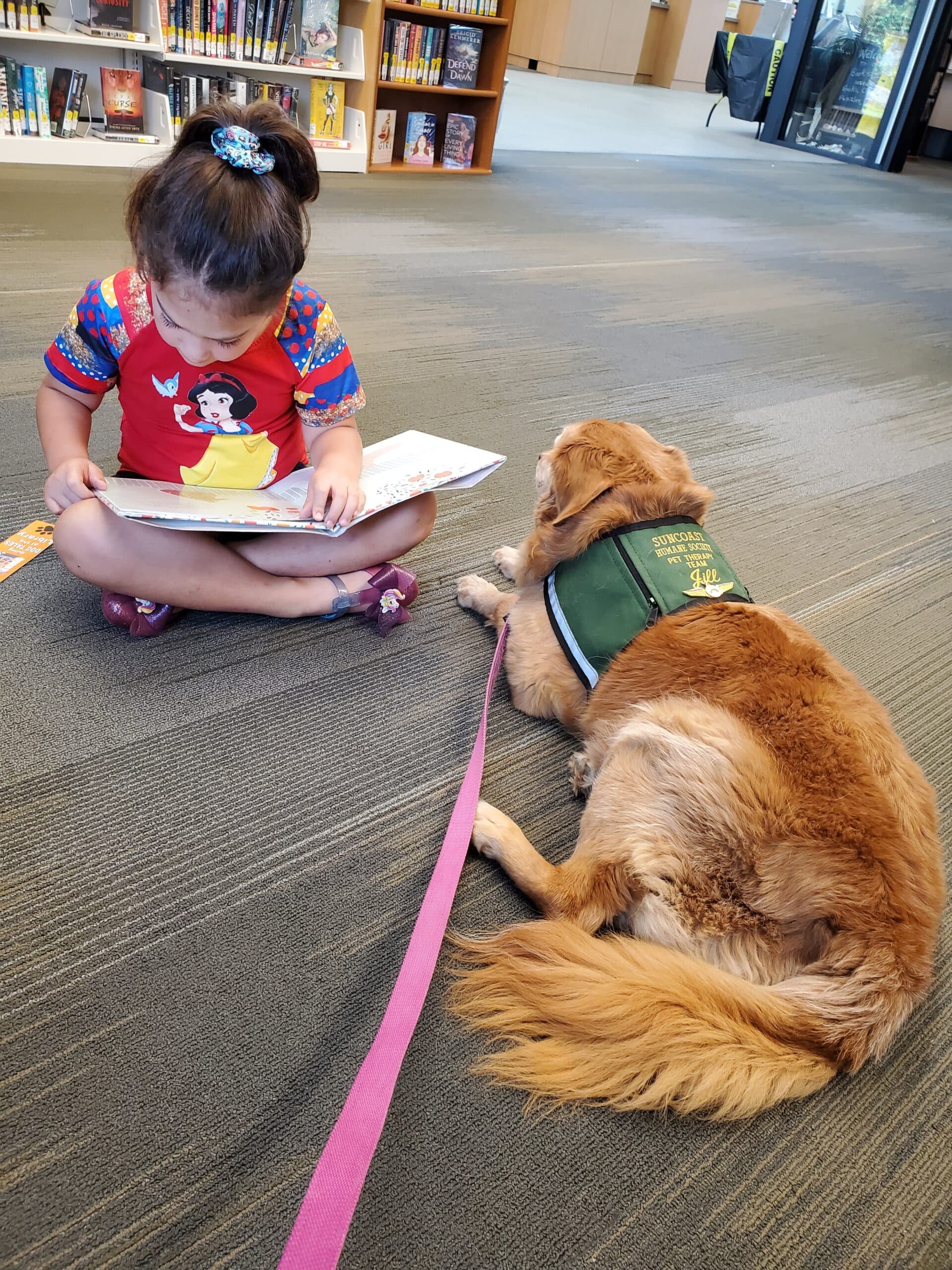A child reads to a therapy dog during a visit.