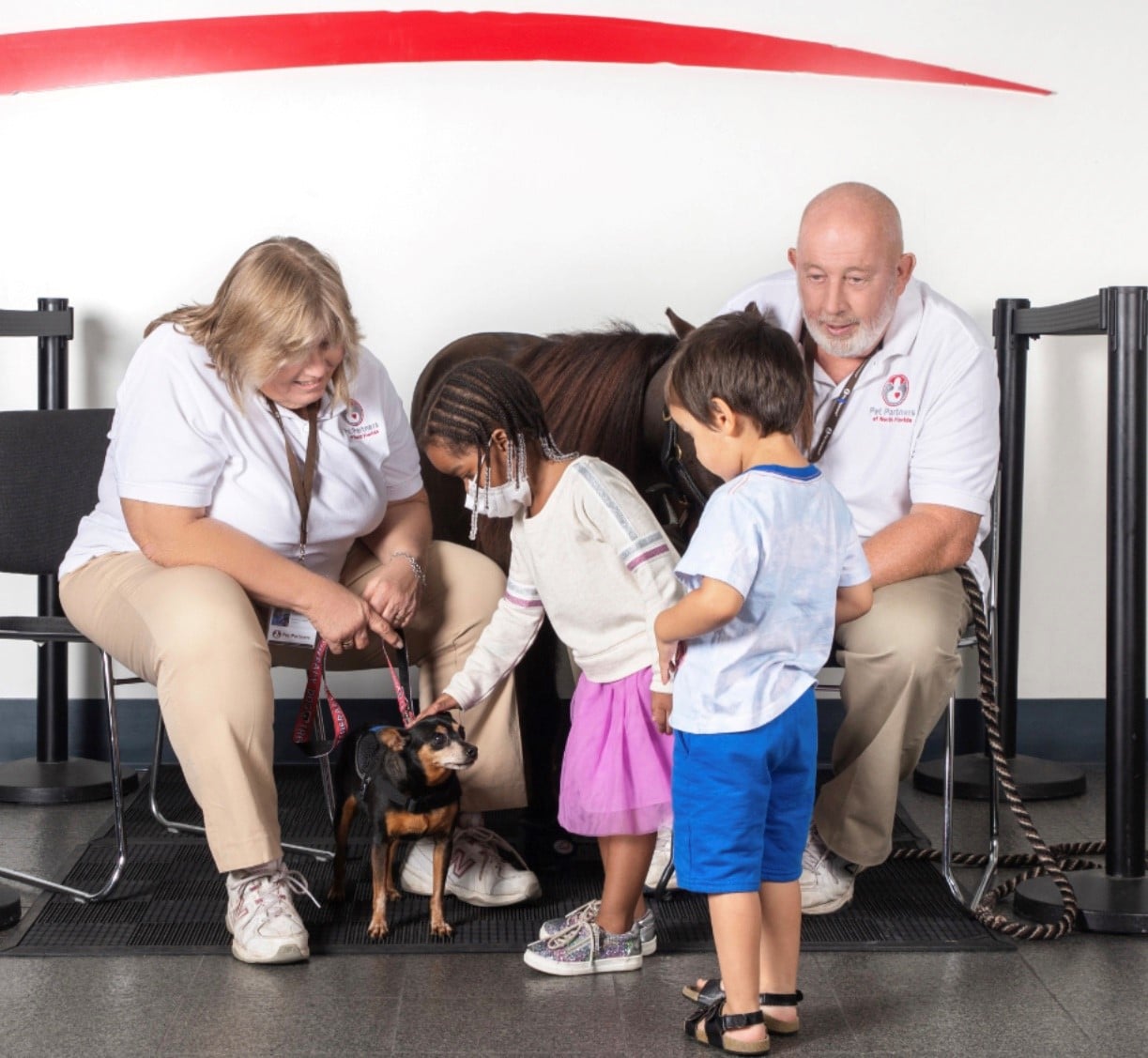 A therapy dog and therapy mini horse visit with children.
