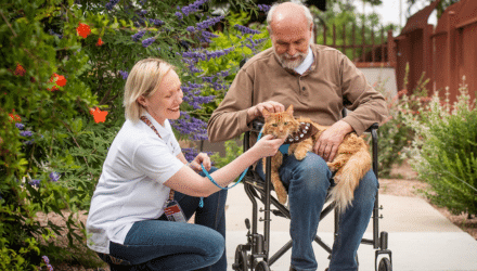 therapy cat on male lap in a wheelchair