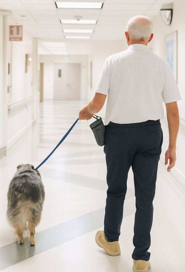 An older man walks with his therapy dog down a brightly lit hospital hallway, illustrating the outcomes of Therapy & Facility Dog Training. The image highlights how trainers can prepare dogs and handlers for facility work in healthcare, education, and other professional environments through AAAIP’s self-paced online course.