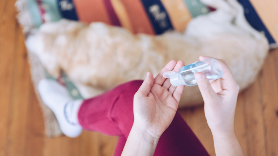 Person applies hand sanitizer while therapy dog sits next to them